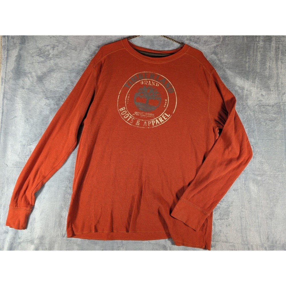 Timberland Weathergear Mens Large Red Orange Waffle Knit Thermal Long Sleeve